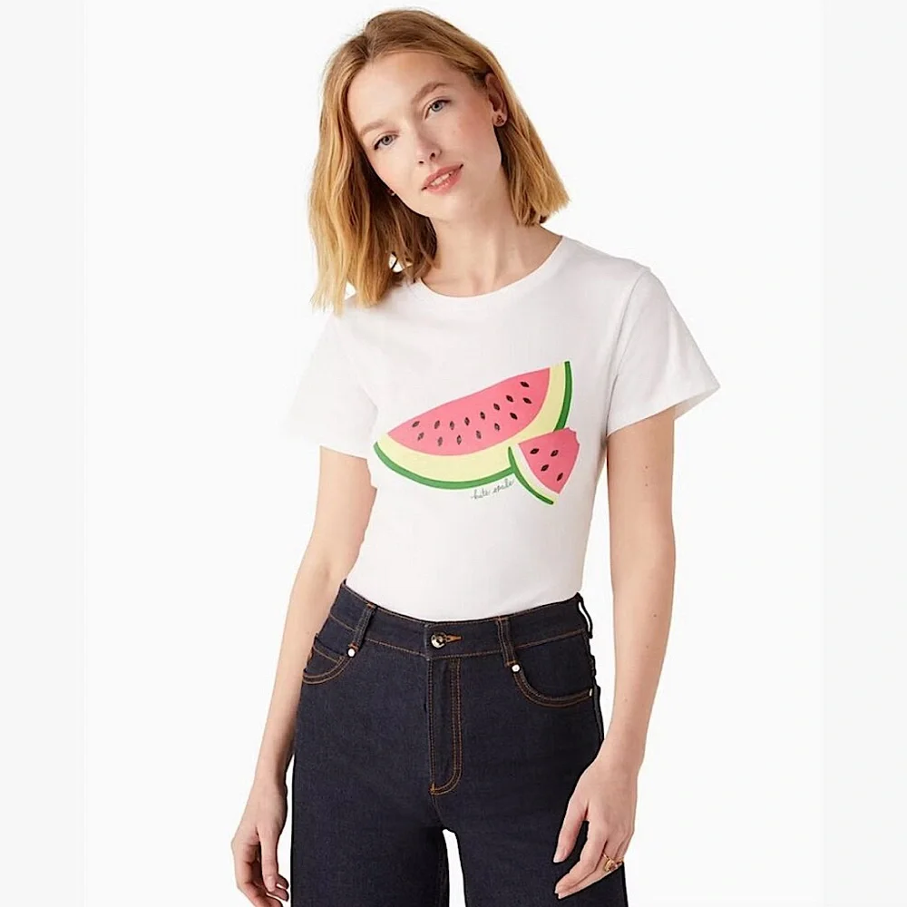 Kate Spade Watermelon Slice White Short Sleeve Tee Shirt Size Small NWT